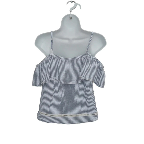 Style Envy Striped Blue/White Seersucker Off-The-Shoulder Blouse Lace Ruffle M - Picture 5 of 7